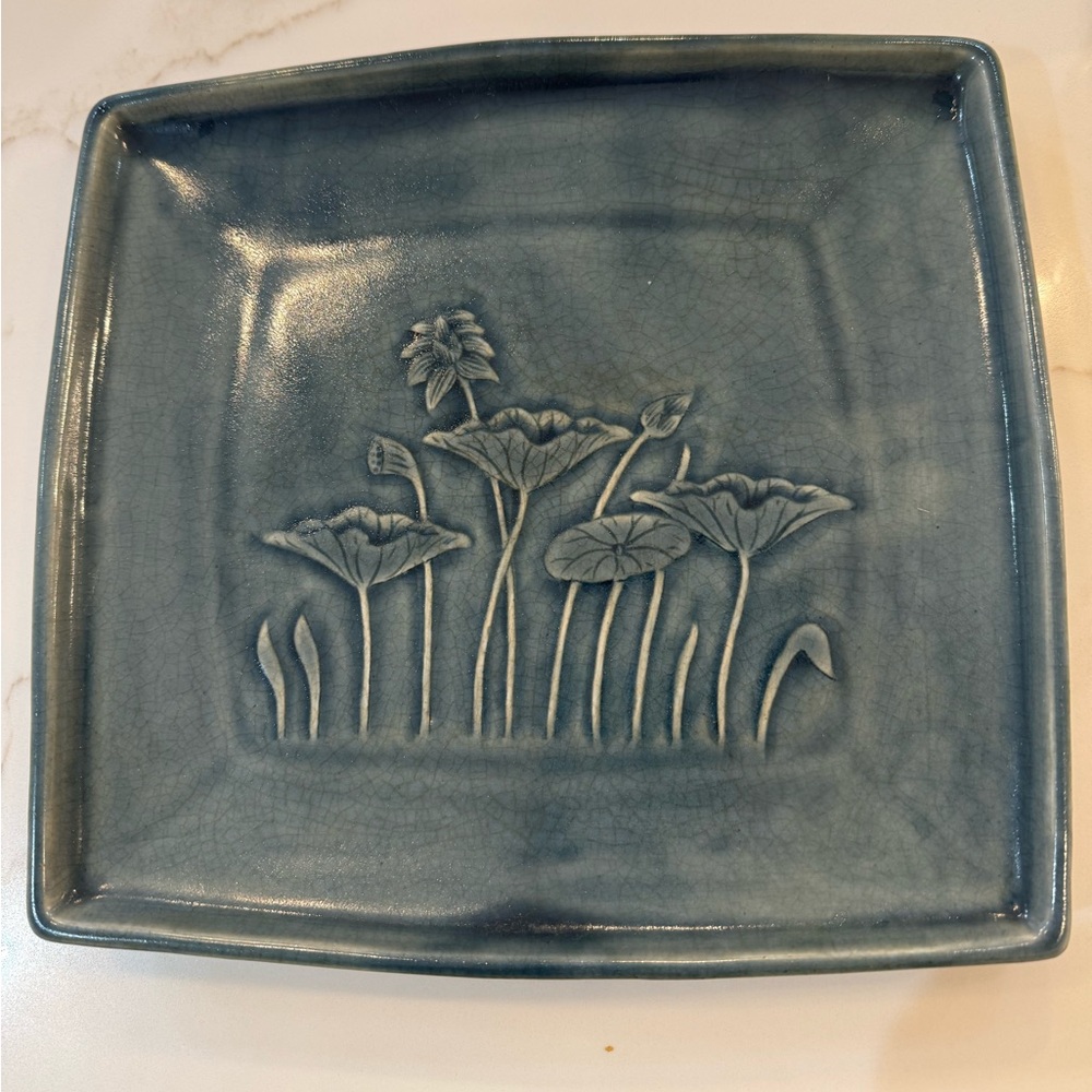 Thailand Blue Celadon Ceramic Plate with Lotus Design